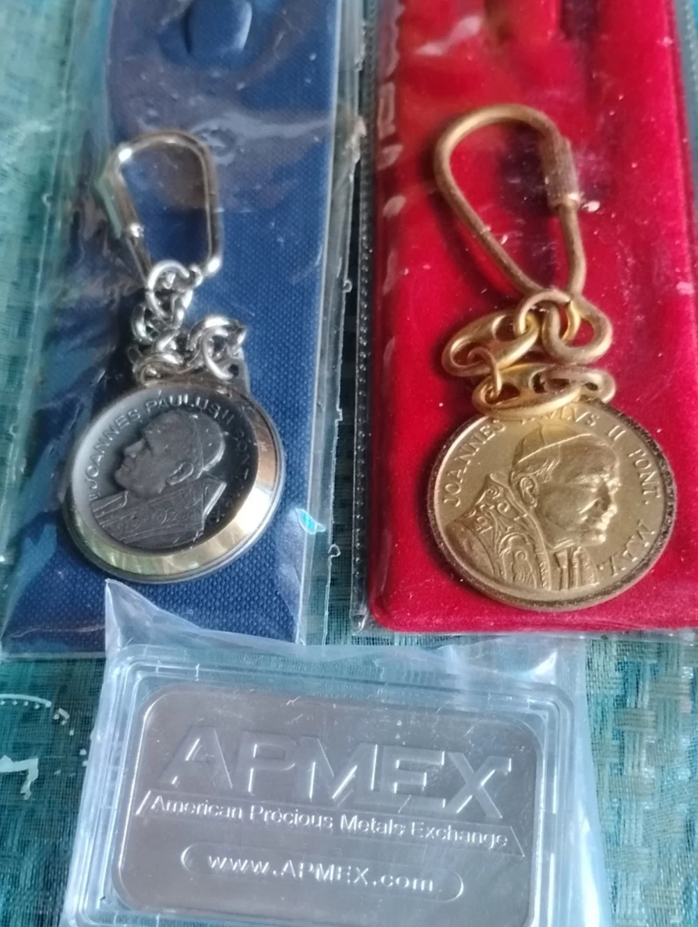 Religious Medal Keychain Pair in Silver & Gold Tones& Silver Bullion Bar